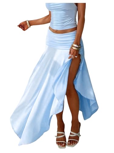 Verdusa Women's Asymmetrical Split Thigh Maxi Skirt Flowy High Waisted Elegant Pleated Long Skirts