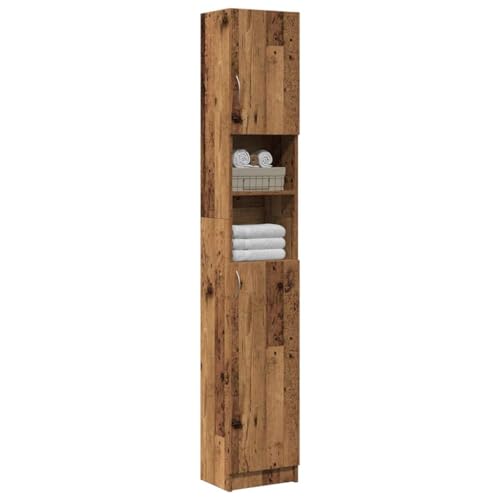WRJENFSC - Armario de baño con aspecto de madera envejecida, 32 x 25,5 x 190 cm, de material derivado de la madera, moderno, con asas, gran espacio de almacenamiento, para baño pequeño, montaje en