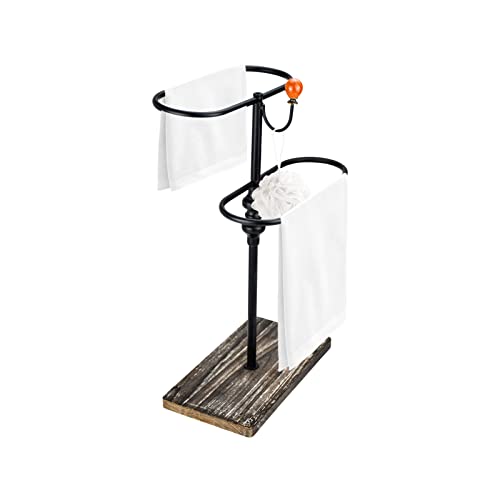 2-Tier Towel Rack Rustic Double T-Shape Ring Hand Towel Holder Wood Base & Black Metal Rack Farmhouse Towel Holder Diy Headband Holder Towel Holder Stand With Hook Bathroom Kitchen Counter Organizer #TOP21