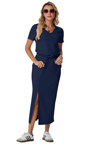 Image of GRECERELLE Women Summer Casual 2 Piece Sets V-Neck Wrinkle-Free Top & Elastic Waist Midi Side Slit Skirt with Pockets