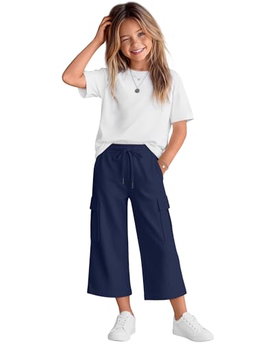 Halfchet Girls Capri Pant Cargo Wide Leg Pant Teens Capri Drawstring Sweatpant with Pockets 5-14 Years(Navy Blue,7-8 Years)