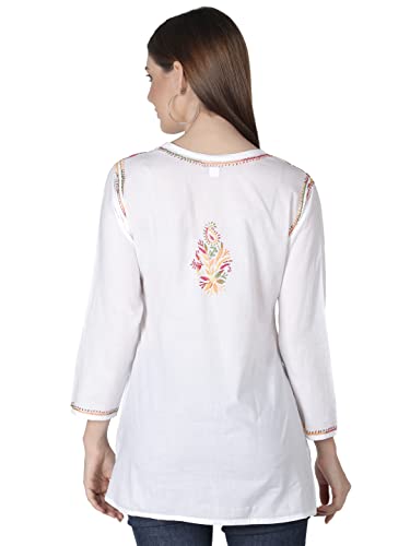 Image of Seva Chikan Hand Embroidered Lucknowi Chikankari Cotton Short Kurti Tunic Top for Women SCL4076