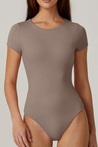 Image of QINSEN Women's Crew Neck Short Sleeve Bodysuit Double Lined Body Suits Basic T-shirt Tops