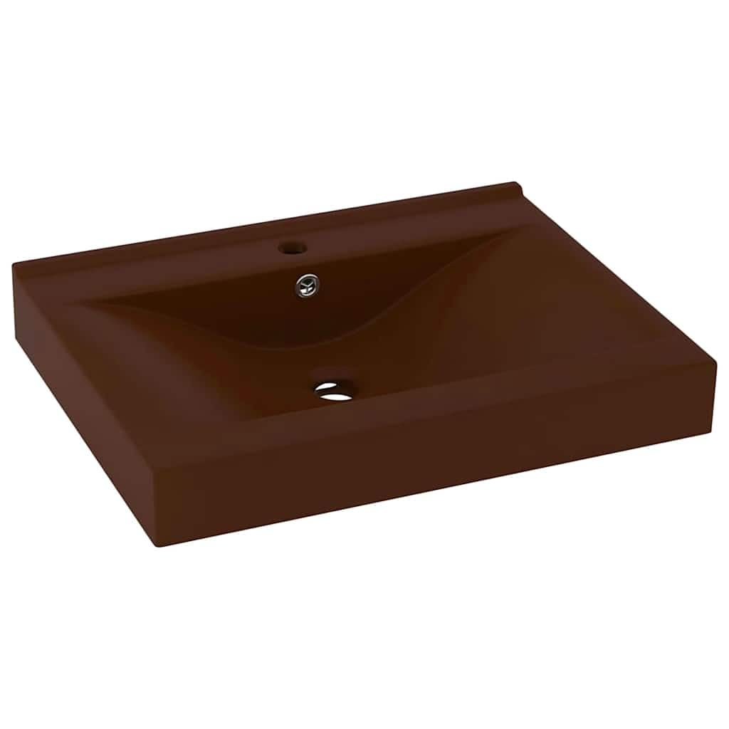 Lavabo de lujo de cerámica mate marrón oscuro 60 x 46 cm con orificio para grifo y rebosadero para invitados, inodoro y baño, lavabo empotrable o colgante, moderno lavabo para lavabo