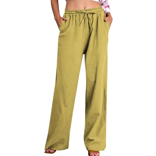 Ofertas Flash del Dia Pantalon Lino Mujer Verano, Tallas Grandes Frescos Lino Algodón Cintura Alta Elasticos Pantalones Pierna Ancha Baggy Fino Pantalón de Chándal Ligeros Vintage Rectos