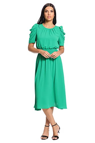 London Times Women's Shirred Neck Pleated Ruched Sleeve Elastic Waist Midi Dress, Jewel Green, 4 #TOP1