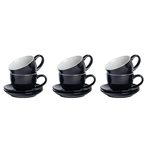 Argon Tableware Black Cappuccino Cups with Saucers - Set of 6-250ml Dishwasher Safe Gloss Stoneware Cappuccino Cups and Saucer Set Coffee Mugs with Handle and Grooved Plate