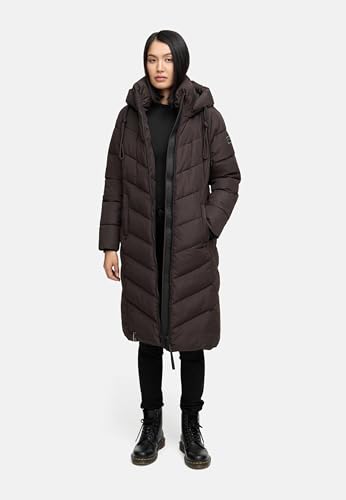 Navahoo Damen Wintermantel Warmer Langer Steppmantel mit Abnehmbarer Kapuze Sahnekatzii XIV Choco Gr. M