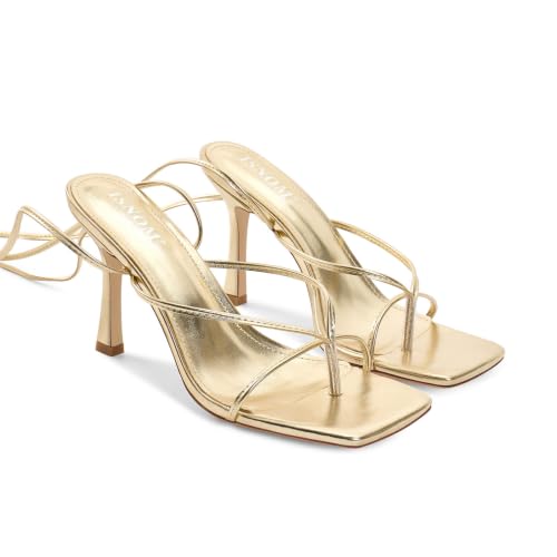 Image of ISNOM Lace Up Heels Sandals for Women - Square Open Toe, Stiletto High Heel | Tie up Thong Heels, Wrap Around Strappy Heels, Non-Slip Sole, 3.94 inch Stable Heel, Comfy and Stylish for Date Party Daily Wear
