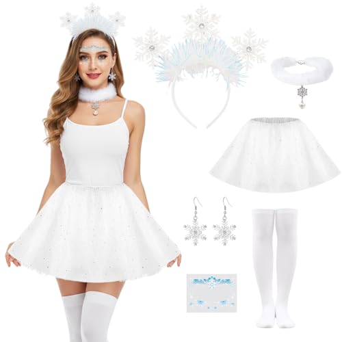 BrKern 6 Stück Schneeflocken Kostüm Damen, Weihnachtskostüm Damen Elegant mit Rock, Stirnband & Schmuck für Karneval Fasching Party