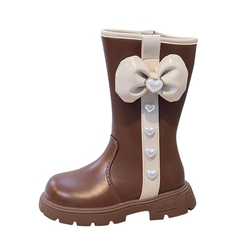Girls Mid Calf Boots Pearl Butterfly High Top Western Boots Chunky Low Heel Stylish Non-Slip Princess Riding Shoes