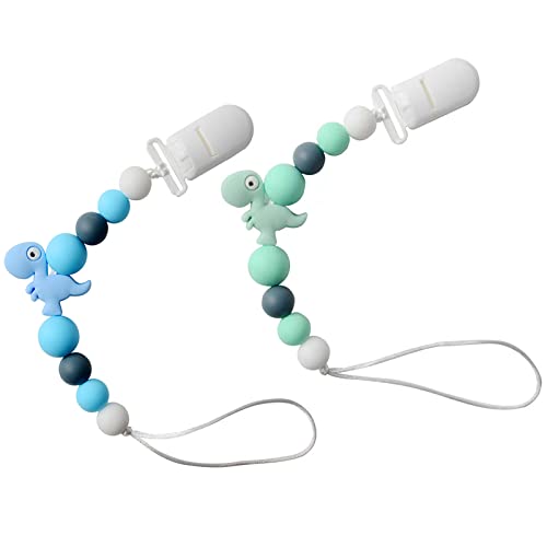 Image of Kinktons Silicone Pacifier Clips for Boys Girls, Baby Pacifier Clip Holder with Cartoon Dinosaur Soft Flexible Paci Clips Gender Neutral Binky Clips, 100% Safe Material 2 Pack
