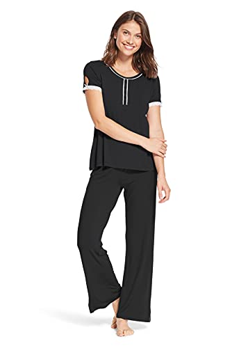 kathy ireland Womens 2 Piece Short Sleeve Lace Trim Henley Shirt Pajama Sleep Pants Jet Black Small