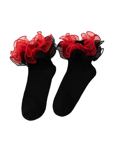 OYOANGLE Womens Sheer Ruffle Trim Cute Crew Sock Double Lace Y2K Lolita Frilly Bride Socks Black Red One Size