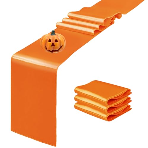 4 Pack Satin Table Runner 12 x 108 Inch Long Orange Smooth Silk Fabric Table Runner for Birthday Parties Wedding Banquets Decorations.