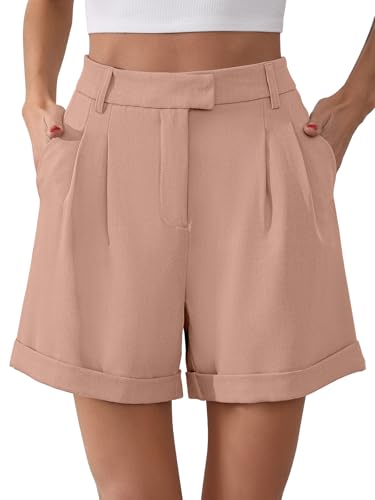 Gracyoga Wide Leg Shorts for Women Summer Business Casual Pleated Elastic High Waisted Paperbag Short with Pockets,Light Pink