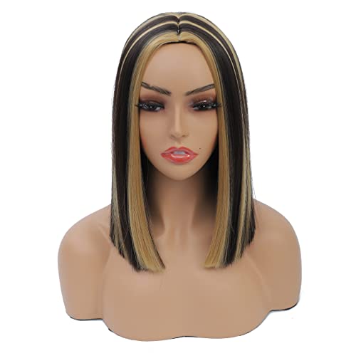 NA MCSPABWHR Short Mixed Brown Highlight Synthetic Straight Hair Short Bob Cute Middle Part Shoulder Length Fashion Wigs (highlight brown)