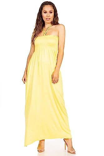 Image of Sakkas Soft Jersey Feel Solid Color Smocked Bodice String Halter Long Dress