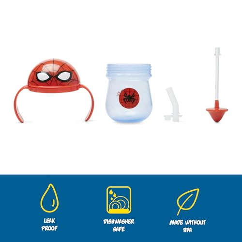 Image of The First Years Spidey and his Amazing Friends Weighted Straw Cup - Spill-Proof Spider-Man Toddler Cup with Flip-Top Cover - Dishwasher Safe - 7 Oz - Ages 6 Months and Up (Pack of 12)