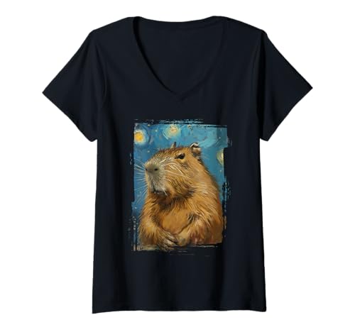 Womens Funny Capybara Van Gogh Famous Painting Men Women and Kids V-Neck T-Shirt