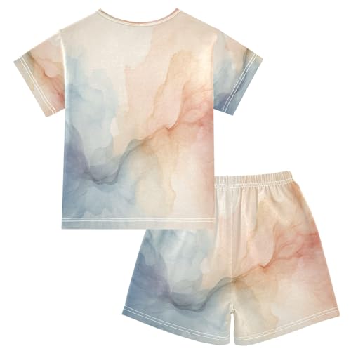Teal Watercolor Marble Kids Pjs Set Boys Girls Summer Short-Sleeve Sleepwear Pajamas 2PCS2