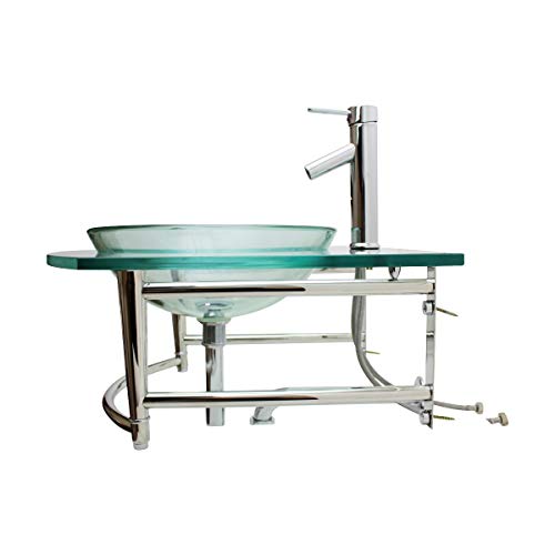 Renovators Supply Haiku Glass Wall Mount Bathroom Sink 23 3/4 Inches Clear Tempered Glass Round Console Sink With Chrome Faucet, Pop Up Drain And Towel Bar #TOP3