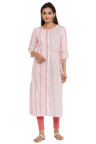 Image of JAPER KURTI Woman's Cotton Geometric Print White Color 3 /4th Sleeve Round Neck Straight Kurta