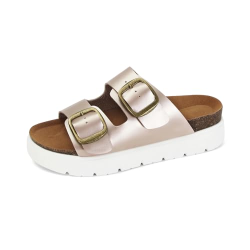 Image of Genuine Leather Platform Sandals for Women Comfortable Summer Beach Slides Sandals with Double Adjustable Buckle