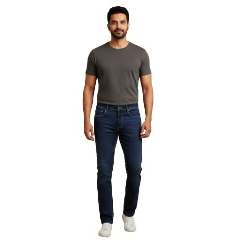 Image of Men's Slim Fit Dark Blue Stretchable Denim Jeans, Mid Rise, 5-Pocket, Solid, Casual Wear, Full Length