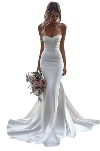 Satin Mermaid Boho Wedding Dresses for Bride 2025 Sleeveless Simple Beach Bridal Gowns WE002 C-White