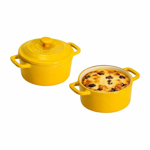 Image of CUMIN CO. Ceramic Mini Cocottes | Set of 2 | Non Toxic Bakeware | Enamel Coated Mini Pot for Lava Cake | Free Accessories | Induction, Micro & Oven Safe | Mustard (Yellow)