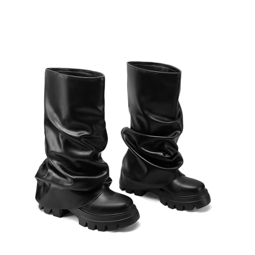 Vertundy Womens Metallic Mid Calf Boots - Fold Over Flatform Booties Wide Calf Slouchy Pull On Fashion Dress Short Boots Ladies3