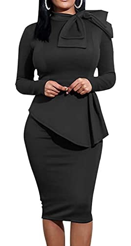 Image of Women's Fashion Peplum Bodycon Dresses Short Sleeve Bow Club Ruffle Pencil Party Dress