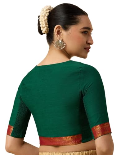 Image of Studio Shringaar Women's Handloom Cotton Stretchable (Smocked) Saree Blouse with Temple Zari Border