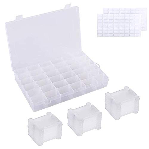 FOGAWA White Plastic Floss Organizer Box with 36 Adjustable Compartments Embroidery Thread Floss Bobbins and 128 Rectangle Sticker