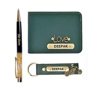 Ahimsa Leather Personalised Customized 3-in-1 Combo Gift Box | Men's 2 Pieces + Pen | Faux Leather Men Customized Wallet &Customized Keychain with Beautiful Customized Pen Combo (Olive Green)-image-23