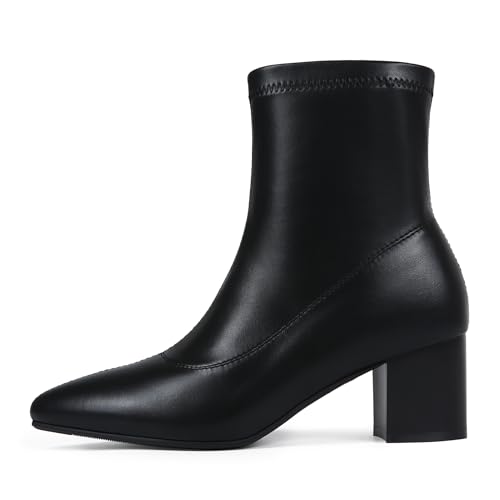 Women's Black Ankle Boots Pointed Toe Chunky Block Heel Womens Comfortable Stretch Short Booties Shoes2