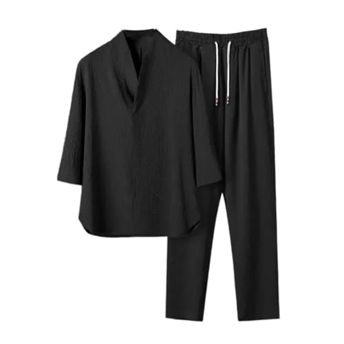 Chinese Style Pullover Shirts Loose Fit Thin Silk Men's T-Shirt Casual Short Sleeve Suit Two Pieces Set - Main Image