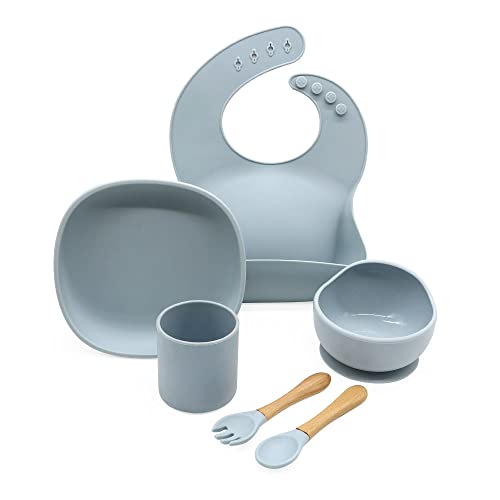 Mechew Conjunto de Alimentação para Bebês Pratos + Tigelas + Colher e Garfo + Babadores de Silicone