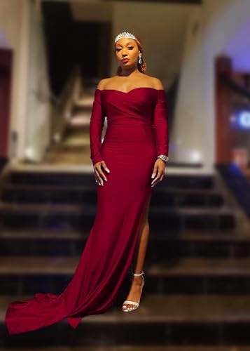 Image of Womens Off Shoulder Sexy V Neck High Split Long Maxi Dress, Formal Cocktail Party Evening Gown Mermaid Dress