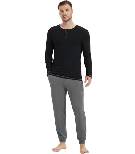 Image of NACHILA Mens Pajamas Set Long Sleeve Henley Sleepwear Top Soft Jogger Pants Pajamas Cool Pjs Set,Viscose Made from Bamboo