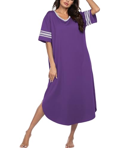 Image of Ekouaer Long Nightgown, Womens V Neck Loungewear Oversized Sleepwear Loose Sleep Dress S-4XL