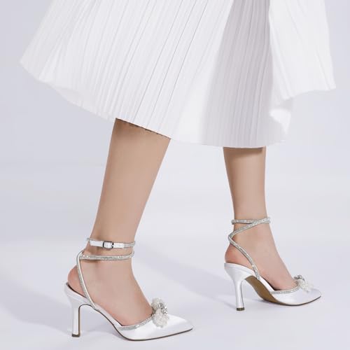 Mofri ShowHow Womens Wedding High Heels Slingback Stiletto Heels Closed Pointed Toe Strappy Heels Ankle Strap Pumps Rhinestone Pearl Bow Heels Bridal Party Wedding Dress Shoes3