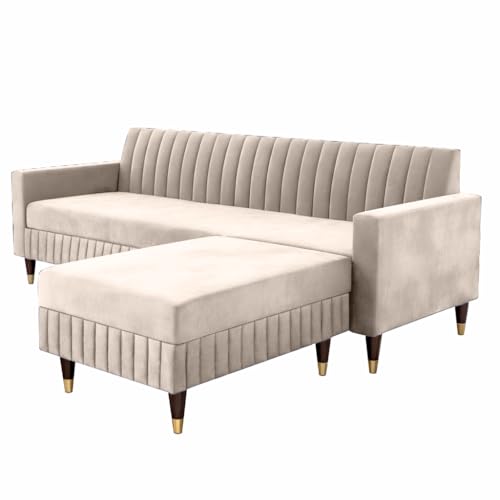 Image of AMATA Omega Solid Wood 4 Seater L Shape Cream Suede Velvet Fabric Sofa Set with Four Cushions Perfect for Home Office Guests Living Room (03 Cream, Omega L Shape 4 SSEATER)(3 Year Warranty)