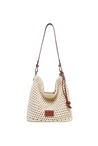 Ulisty Damen Baumwolle Häkeln Maschen-Tasche Handgewebte Sommer Strand Tragetasche Gestrickt Urlaub Hobo Schnur Tasche Bohemian Shopper Schulter Handtasche beige