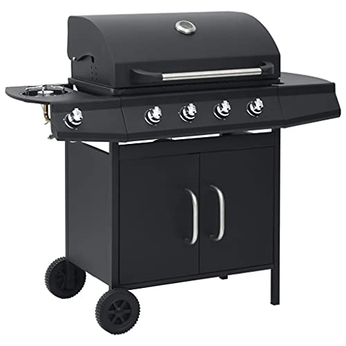 Barbacoa de gas 4+1 quemador con cocina lateral, carro de acero con cubierta, termómetro, bandeja recogegrasa, 121,5 x 55 x 107 cm, color negro