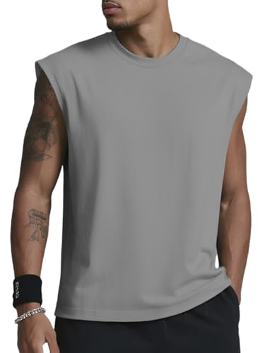QOSOQ Mens Gym Tank Tops Sleeveless Shirts Cut Off Quick Dry Muscle Shirt Running Beach Loose Fit Tee Green