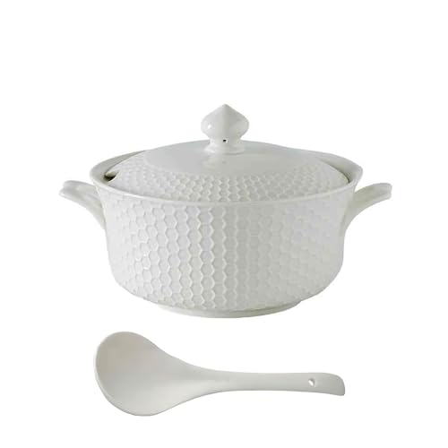 Ceramic Soup Tureen Set with Lid & Ladle - Oven-Safe for Baked Casseroles, Soups, and Stews - 2.5 L Large Volume (Honeycomb Pattern)