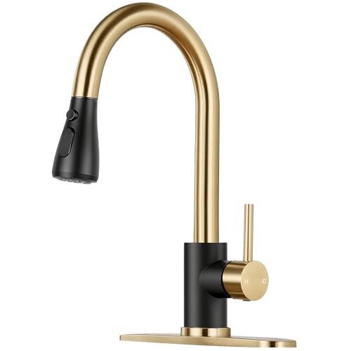 Image of Kitchen Faucet with Pull Down Sprayer - Black & Gold Single Handle Kitchen Faucets, High Arc Stainless Steel Pull Out Kitchen Sink Faucet with Deck for RV Laundry Farmhouse Bar