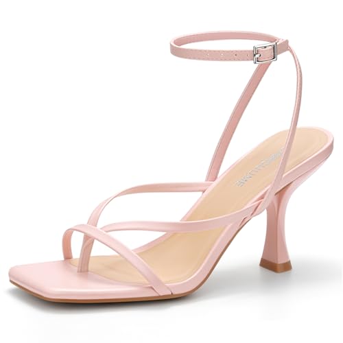 Image of Carcuume Womens Kitten Heels Square Toe Thong Strappy Ankle Strap Stiletto Heel Sandals